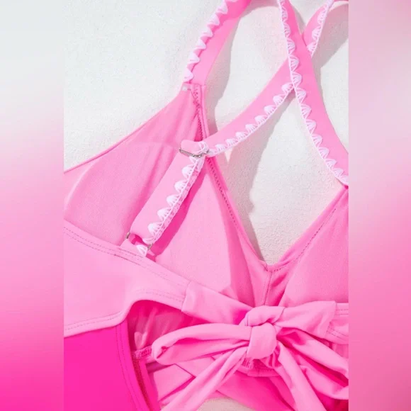 Pink Rose Red Ric Rac Trim Contrasted Cutout One Piece Swimsuit size 16 - Picture 10 of 11